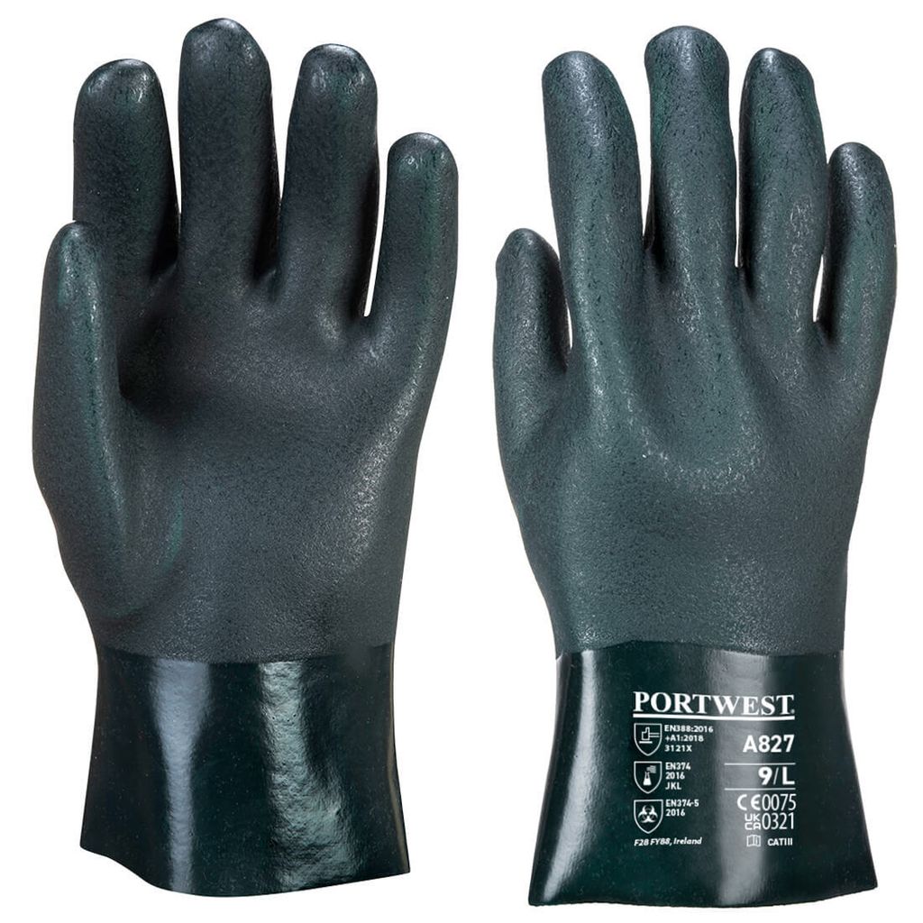 Portwest A827 Doppelt Getauchter PVC Chmiekalienschutz-Handschuh Mit 27cm Stulpe Green Gr. XL