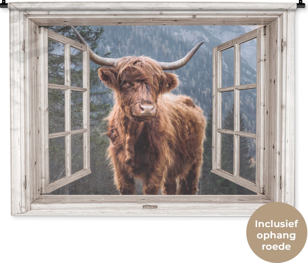MuchoWow Wandteppich Wandbehang Schottisches Hochlandrind - Berg - Kuh - Aussicht 150x112 cm Tapisserie Dekoration Wandtuch - Wanddecke - Wandtep...