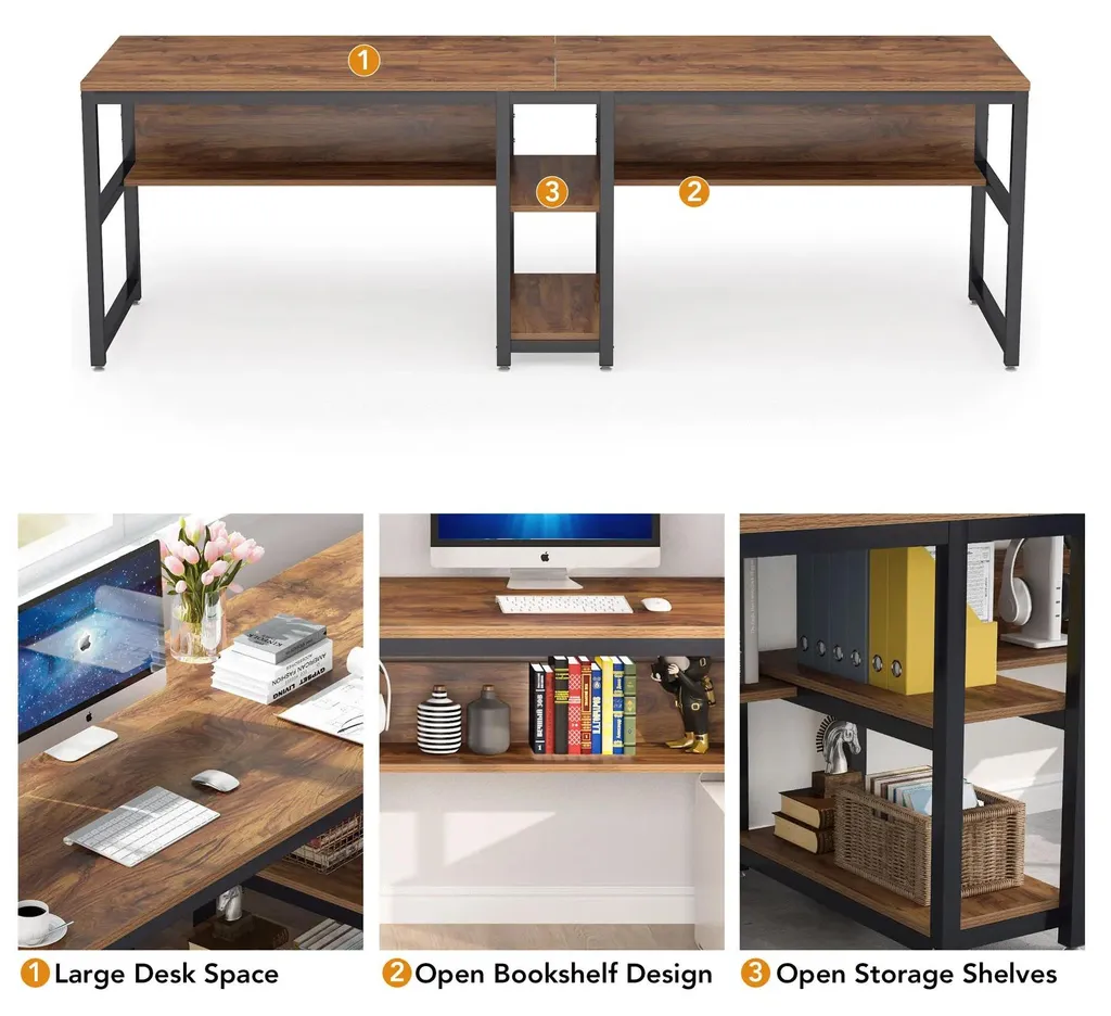 Bureau double 200 cm : gagnez de la place avec rangement acajou brun - 4