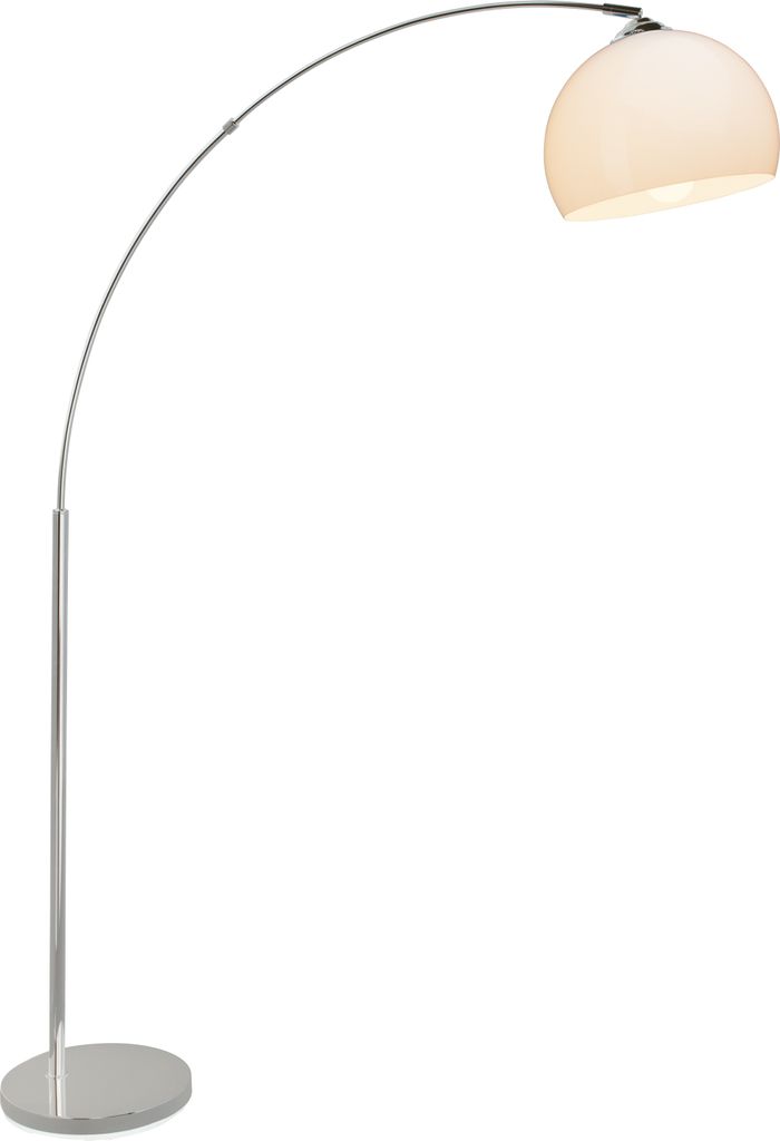 A modern arc floor lamp with a white dome shade and a silver-colored metal stand and base.