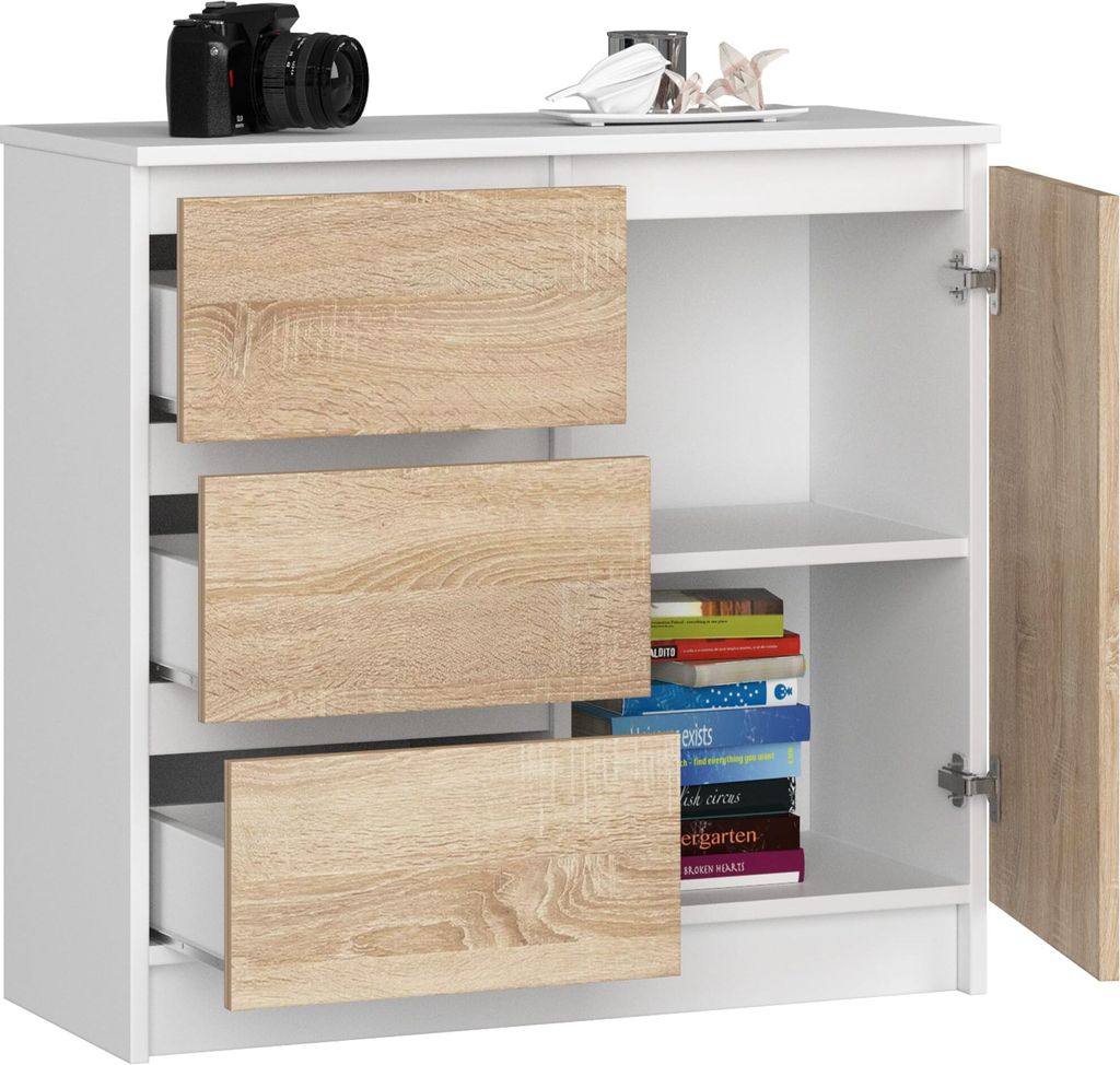 BDW, Kommode, 3 Schubladen, 1 Tür, Schrank, Sideboard, Weiss / Eiche Sonoma