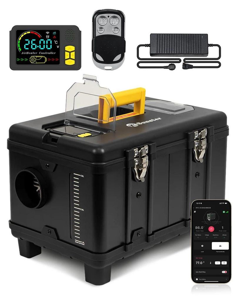 Tragbare Diesel-Luftstandheizung - Parkheizung 8 kW - 12/24V & 220V - App/Bluetooth, LCD & Fernbedienung - 5 l Tank - 35 dB leise - 20–25 m²