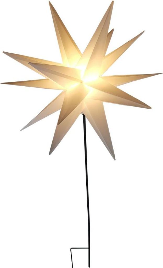A white star-shaped light decoration on a black stand.