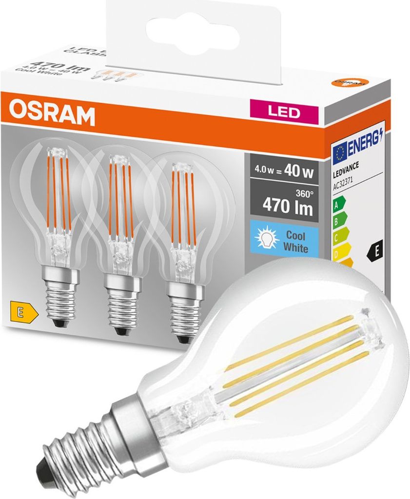 A product shot of Osram LED light bulbs in their packaging, with one bulb prominently displayed in the foreground.