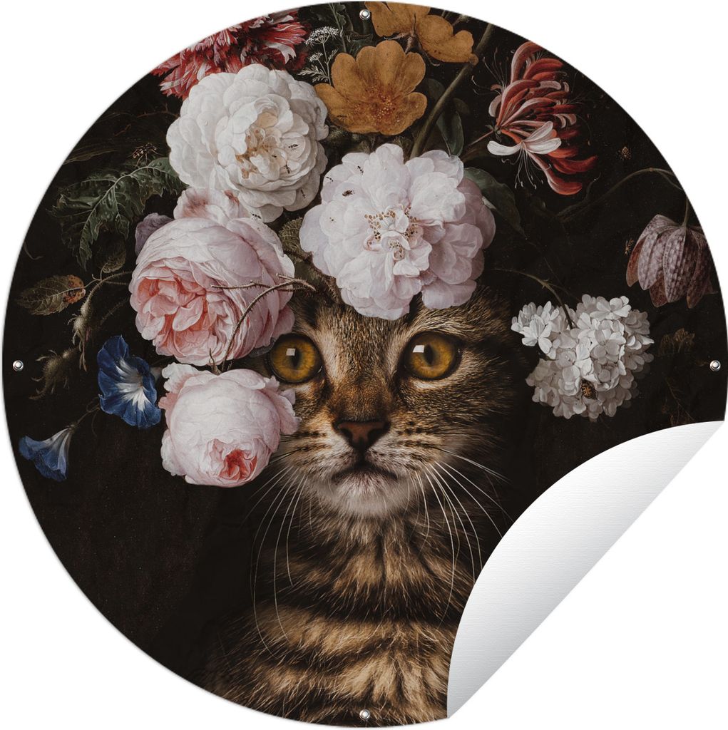 MuchoWow Gartenposter Outdoor-Poster Rund Katze - Blumen - Haustier Ø 90 cm Gartendeko Rundes Poster draußen