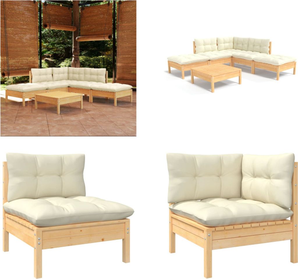 vidaXL 6 tlg. Garten Lounge Set mit Creme Kissen Kiefernholz - Garten-Lounge-Set - Garten-Lounge-Sets - Gartenmöbel-Set - Gartenmöbel-Sets