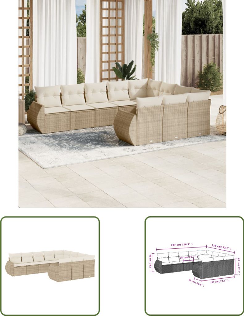 The Living Store 10-tlg. Garten-Sofagarnitur mit Kissen Beige Poly Rattan