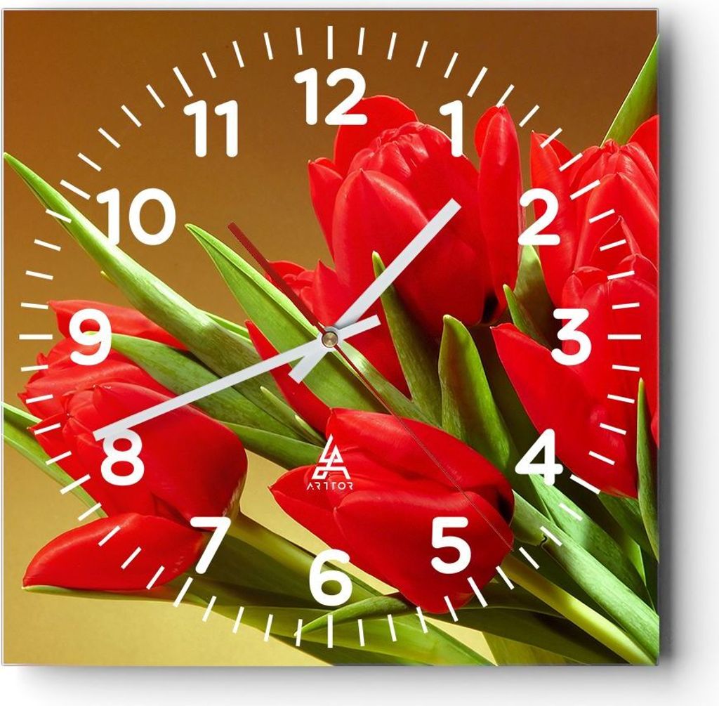 Wanduhr - Quadrat - Glasuhr - Tulpen Blumen Feld Plantage - 40x40cm - Schleichendes Uhrwerk - Lautlos - zum Aufhängen bereit - Dekoration Modern -...