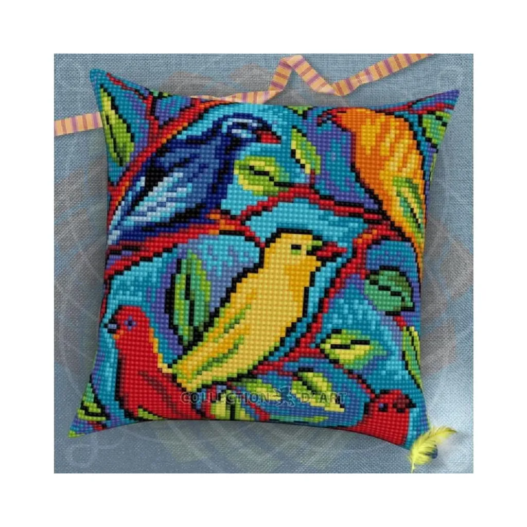 Kit Coussin Point de Croix Facile Oiseaux 40x40cm avec Toile Imprimée