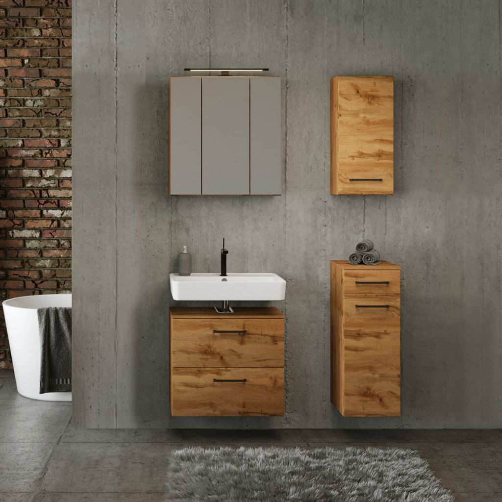 Badezimmer Set in Wotan Eiche Nb. mit Spiegelschrank und LED Beleuchtung, B/H/T: ca. 120/200/35 cm