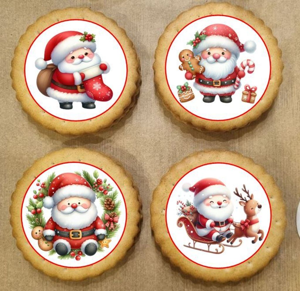 Weihnachtsmann Santa Claus niedlich Aufleger Set A4 - 4 Motive essbar für Lebkuchen, Cupcakes, Kekse, Kuchen in verschiedenen Durchmessern Saracin...