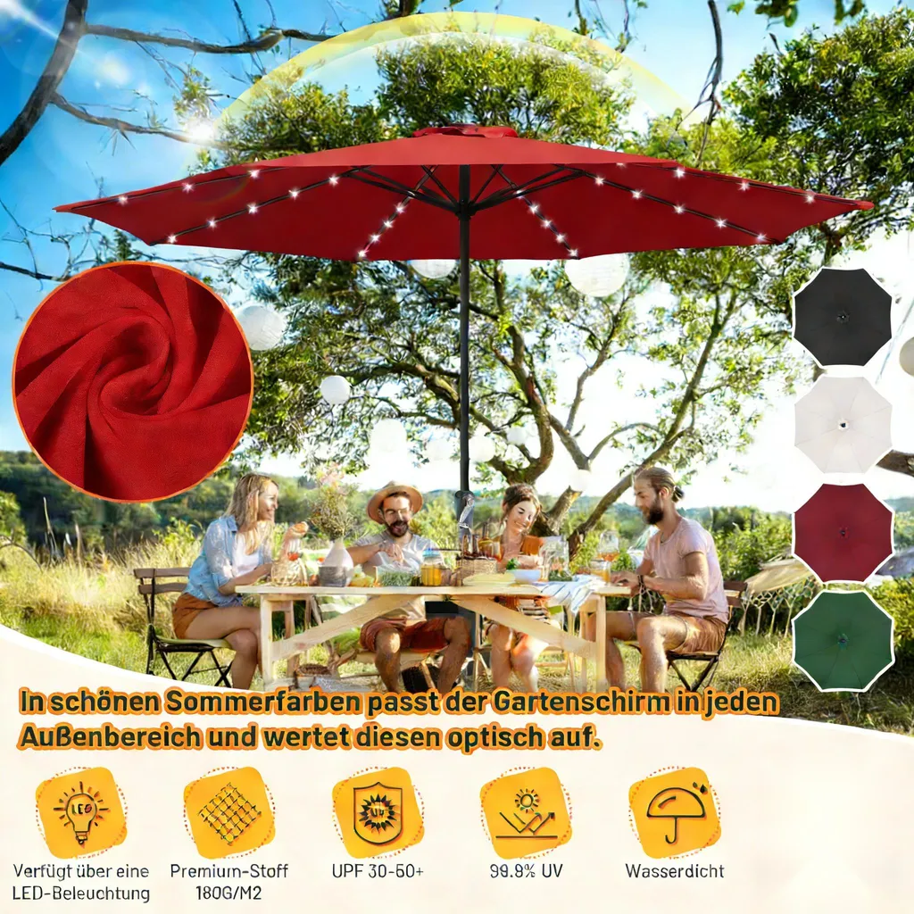 Izrielar Ombrellone 3,5 m con Luci LED - Parasole Rosso per Terrazza - 3