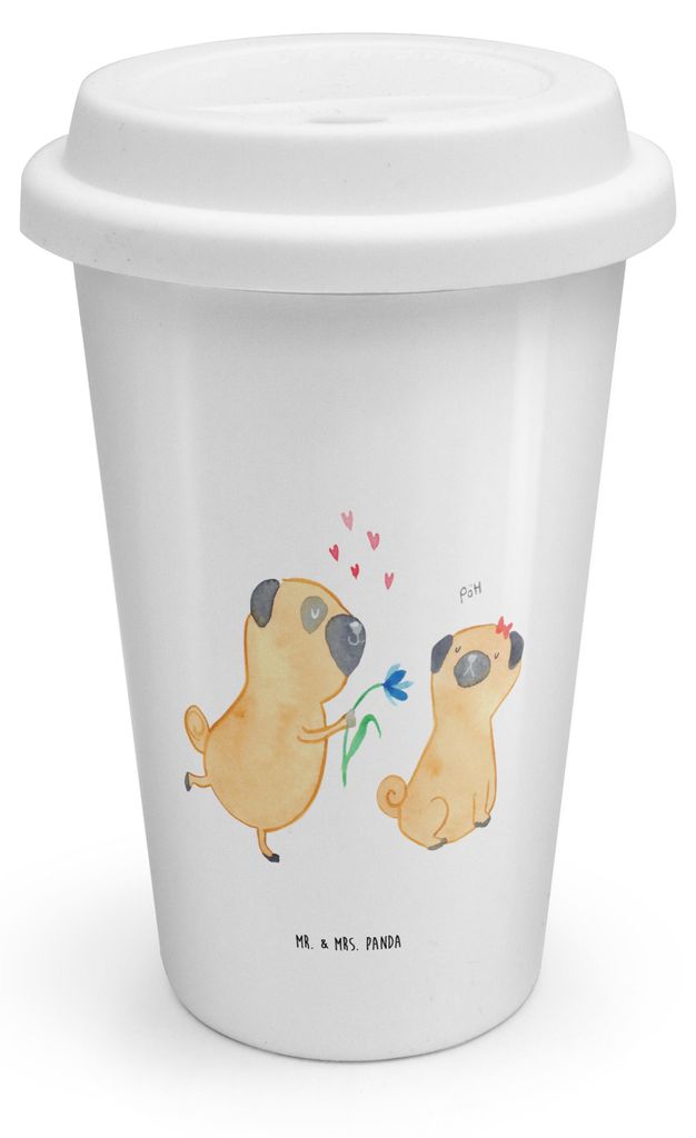 Mr. & Mrs. Panda Kaffeebecher To Go Mops Verliebt - Weiß - Geschenk, Coffee Becher, Knuffig, Möpse, ToGo, Mehrwegbecher, Liebe, Thermobecher, Hun...