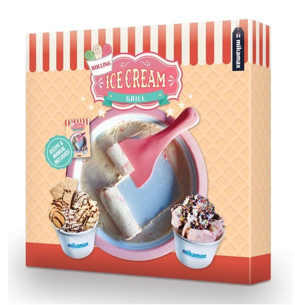 The image shows the packaging of a rolling ice cream grill kit, with a depiction of the product in use and finished ice cream.