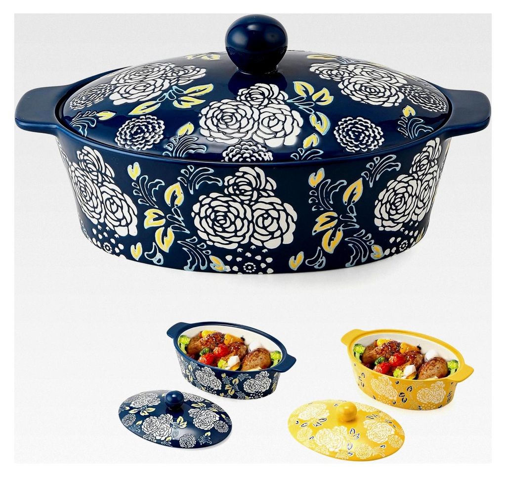 Keramik Auflaufform mit Deckel, ovale Backform für Ofen, ideal zum Kochen und Servieren - Blau