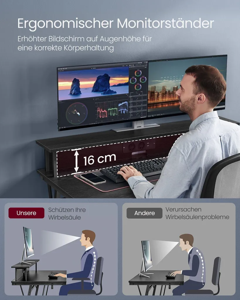 Bureau Rootz Workstation Noir 135 cm avec Support Écran Ergonomique