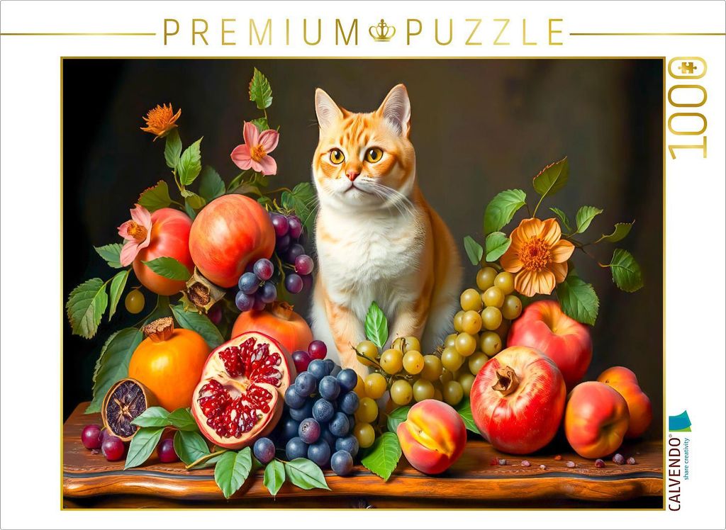 CALVENDO Puzzle Katzenporträt mit üppigem Obst im Stil alter Meister | 1000 Teile Lege-Größe 64x48cm Foto-Puzzle für glückliche Stunden