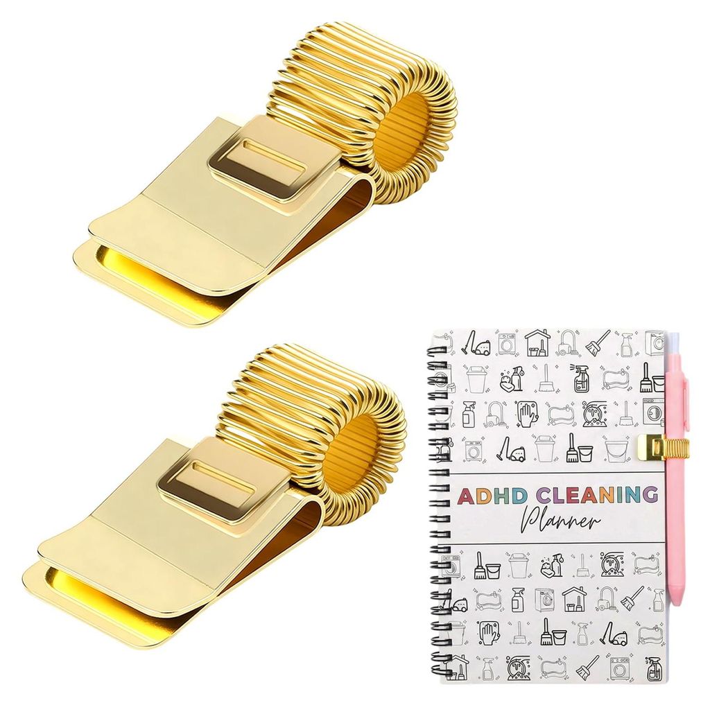 2 goldene Metall-Stiftclips – Verstellbarer Federclip, Stifthalter für Notizbücher, Planer, Klemmbretter und Kalender