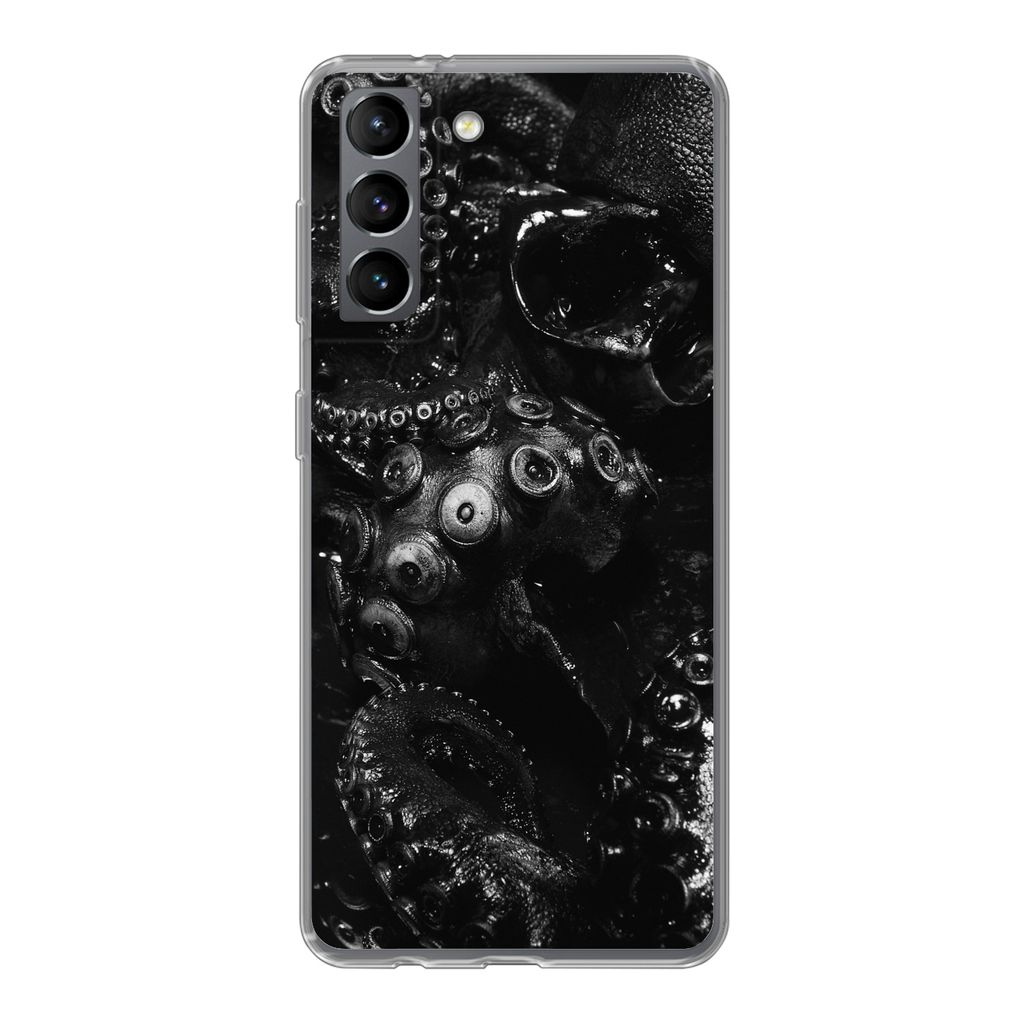 MuchoWow Handyhülle Schutzhülle Hülle für Samsung Galaxy S21 Nahaufnahme Oktopus auf schwarzem Hintergrund in schwarz und weiß Silikon Softc...