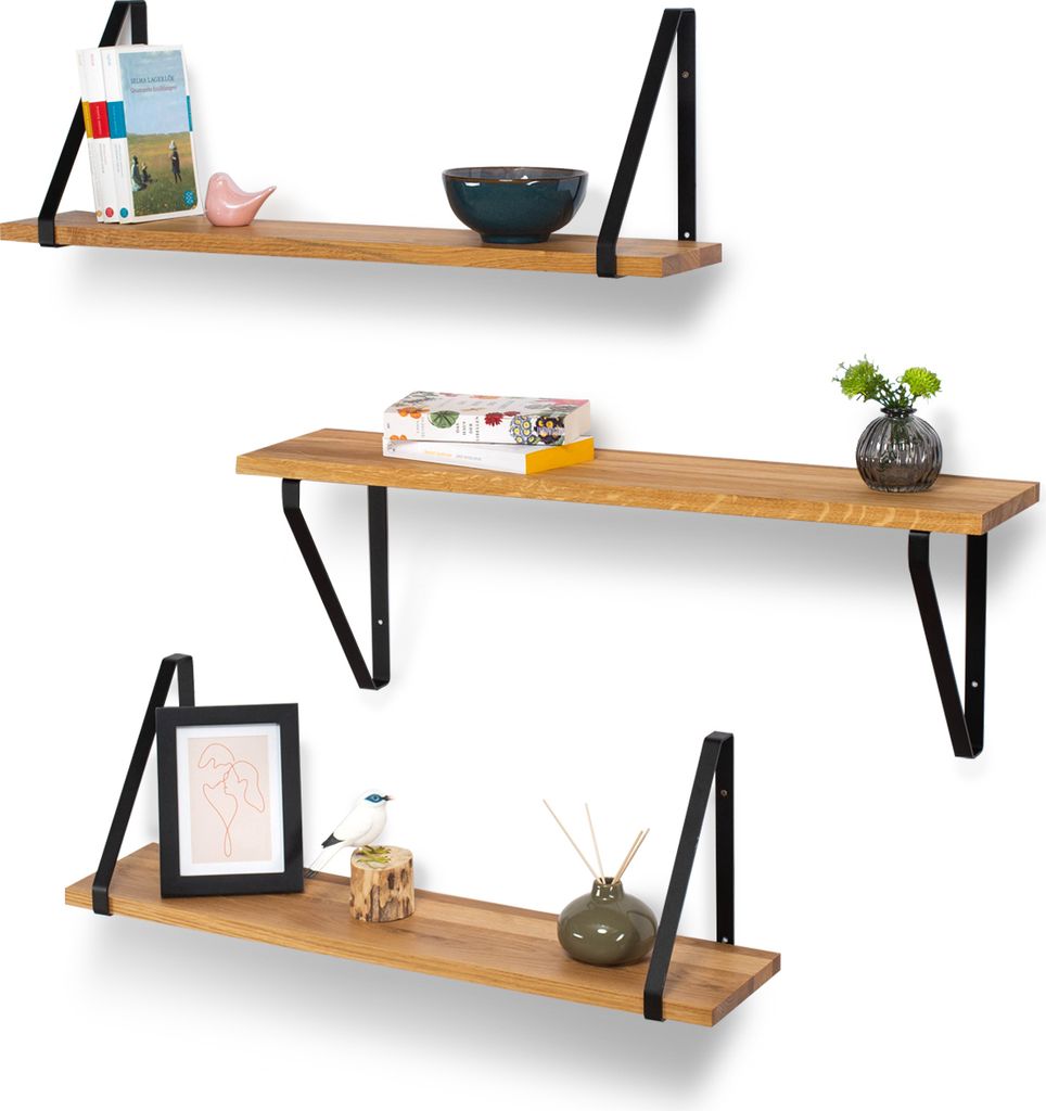 Rikmani Schweberegal Wandregal Eiche Massiv RAY Hell (schwarz/18,5 cm) 110 cm