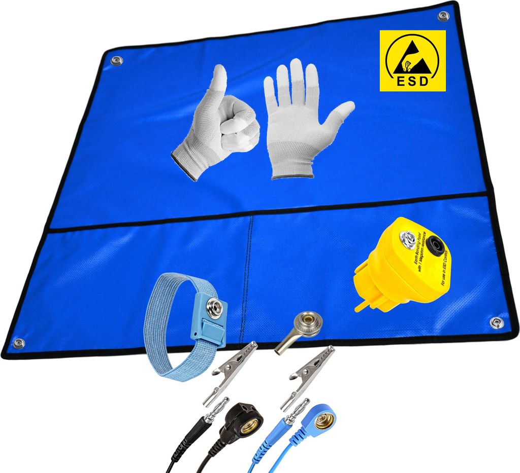 Minadax 60×60 cm ESD SET Antistatische Arbeitsmatte Tischmatte Unterlage | Tragbar & Faltbar + Erdungstecker + Manschette + Erdungskabel + ESD Han...