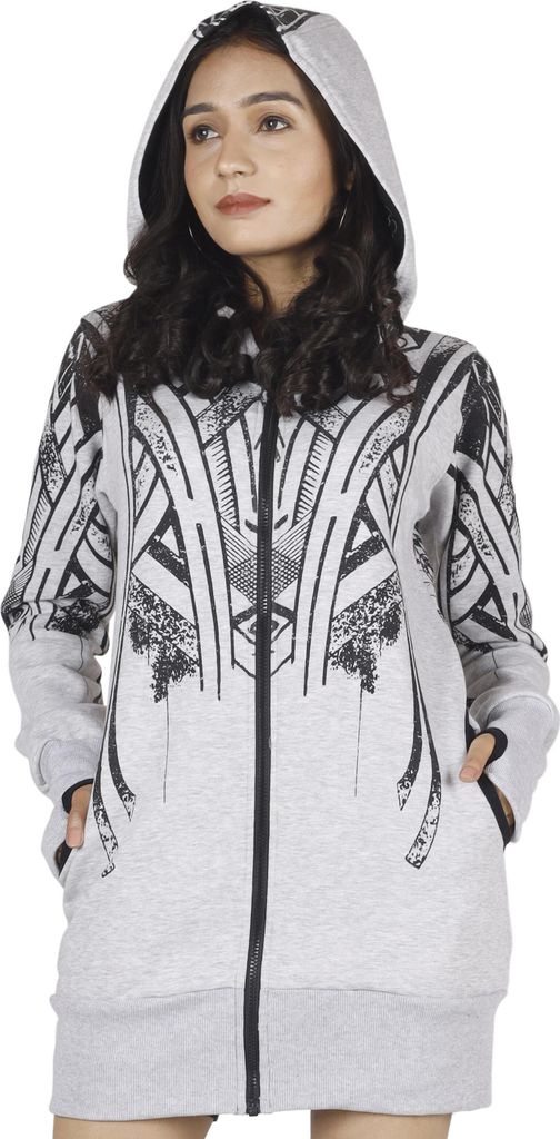 Goa Festival Jacke mit Tribal Print, Jacke mit Weiter Kapuze - Grau, Damen, Baumwolle, Größe: S