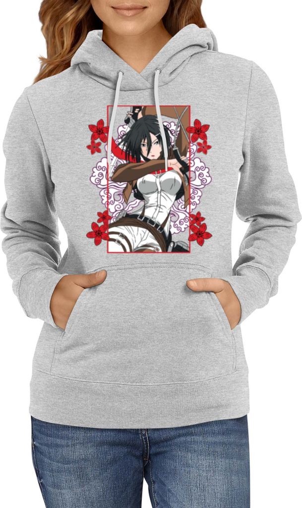 Damen Kapuzenpullover Japan Anime Manga Attack Anime On Titan Mikasa Ackerman 02 Mikasa Strike, Lady XL / Grau