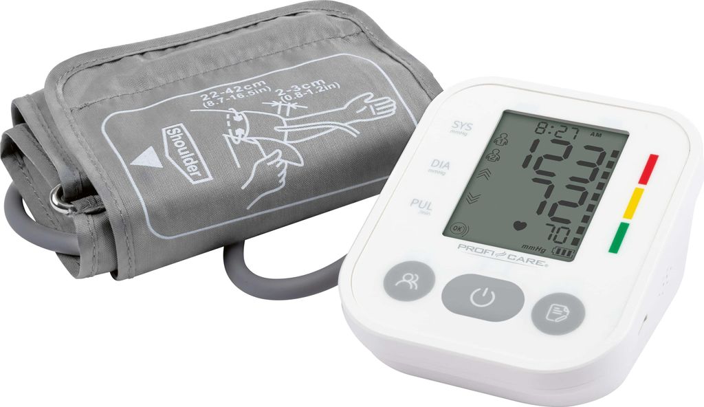A digital blood pressure monitor and its cuff are shown on a white background.