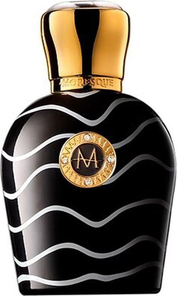 A black perfume bottle with gold accents and wavy silver lines.