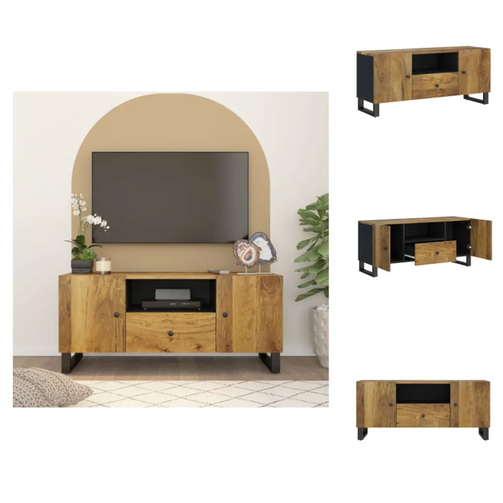 Meuble TV en Bois de Manguier Massif - Buffet Multimédia Style Industriel