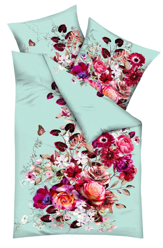 JACK by Kaeppel Mako Satin Digitaldruck Bettwäsche 2 tlg. Mint Romance Rosen in Pink und Mint, Größe:135x200cm Bettwäsche