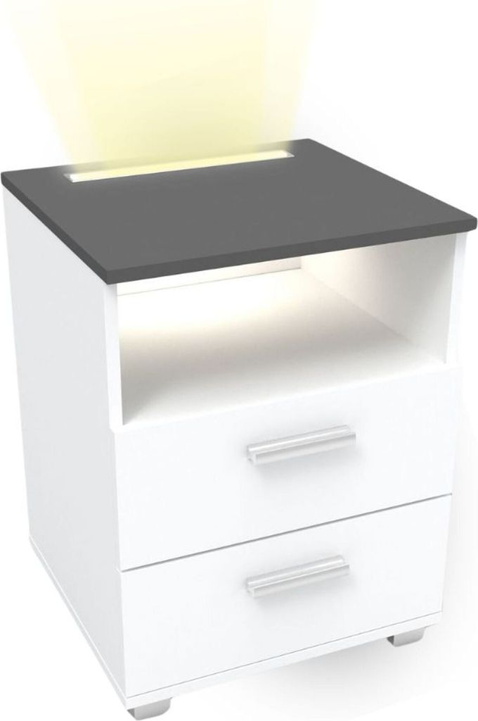 A white nightstand with a gray top and two drawers, featuring integrated LED lighting.