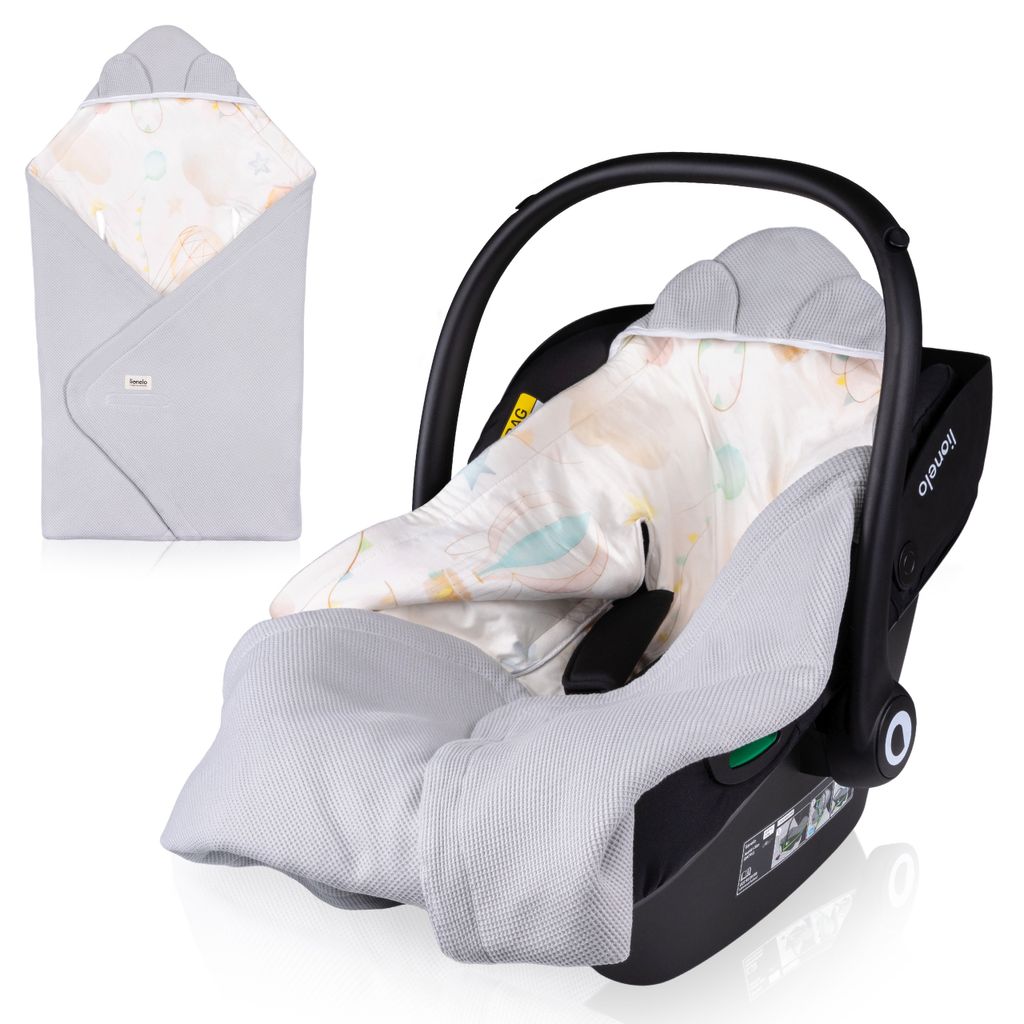 Lionelo Babydecken Travel Swaddle Blanket für Kindersitz, Tragetasche, Kinderwagen, Ganzjährig, 90x90 cm, Klettverschluss, 100% Baumwolle Grau