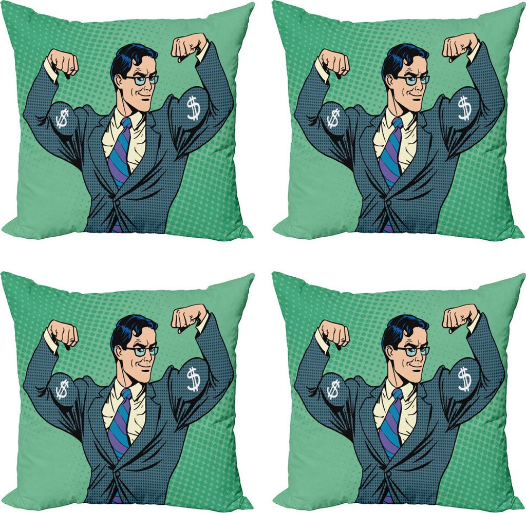 ABAKUHAUS Grün Kissenbezug Set (4 Stück), Pop-Art Retro Mann, Moderner Doppelseitiger Digitaldruck, 40 cm x 40 cm, Petrol Blau Farn-Grün