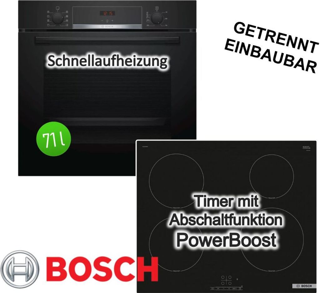 Herdset Bosch Backofen HBA553BA0 EcoClean mit Induktionskochfeld PUE63RBB5E Booster autark 60cm