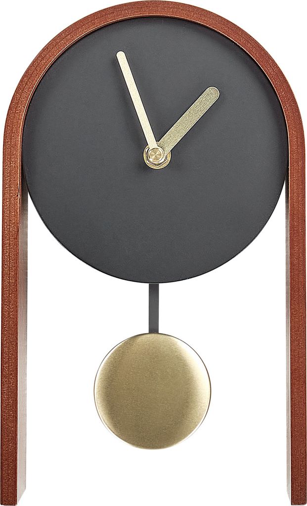 BELIANI Tischuhr Schwarz u. Dunkler Holzfarbton MDF-Platte 25 cm Hoch mit Pendel ohne Ziffern Sekundenzeiger Halbrund Retro-Design Schreibtischuhr Uhr
