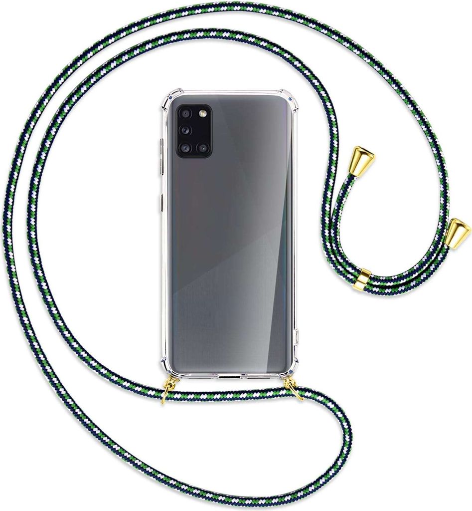 Handykette Backcover-Schutzhülle mit Band (Metall goldfarben) für Samsung Galaxy A31 - grün/blau/weiß