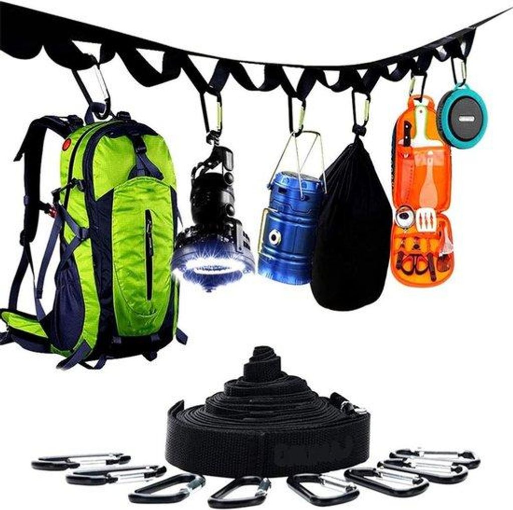 Camping-Organisator für Zelt - Rucksack-Boomriem - Must-Have-Zelt-Ausrüstung - Keuken-Hängematte-Riem - Zelt-Ausrüstung - Schwarz (4-Drähte-Klem)