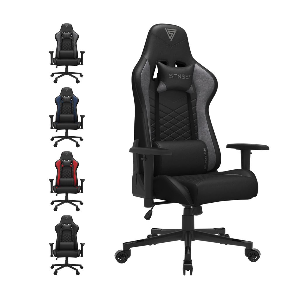 SENSE7 Spellcaster Gaming Stuhl Schwarz-Grau - Ergonomischer Bürostuhl PC Schreibtischstuhl Zockerstuhl 150 kg 2D-Armlehnen 160° Chefsessel