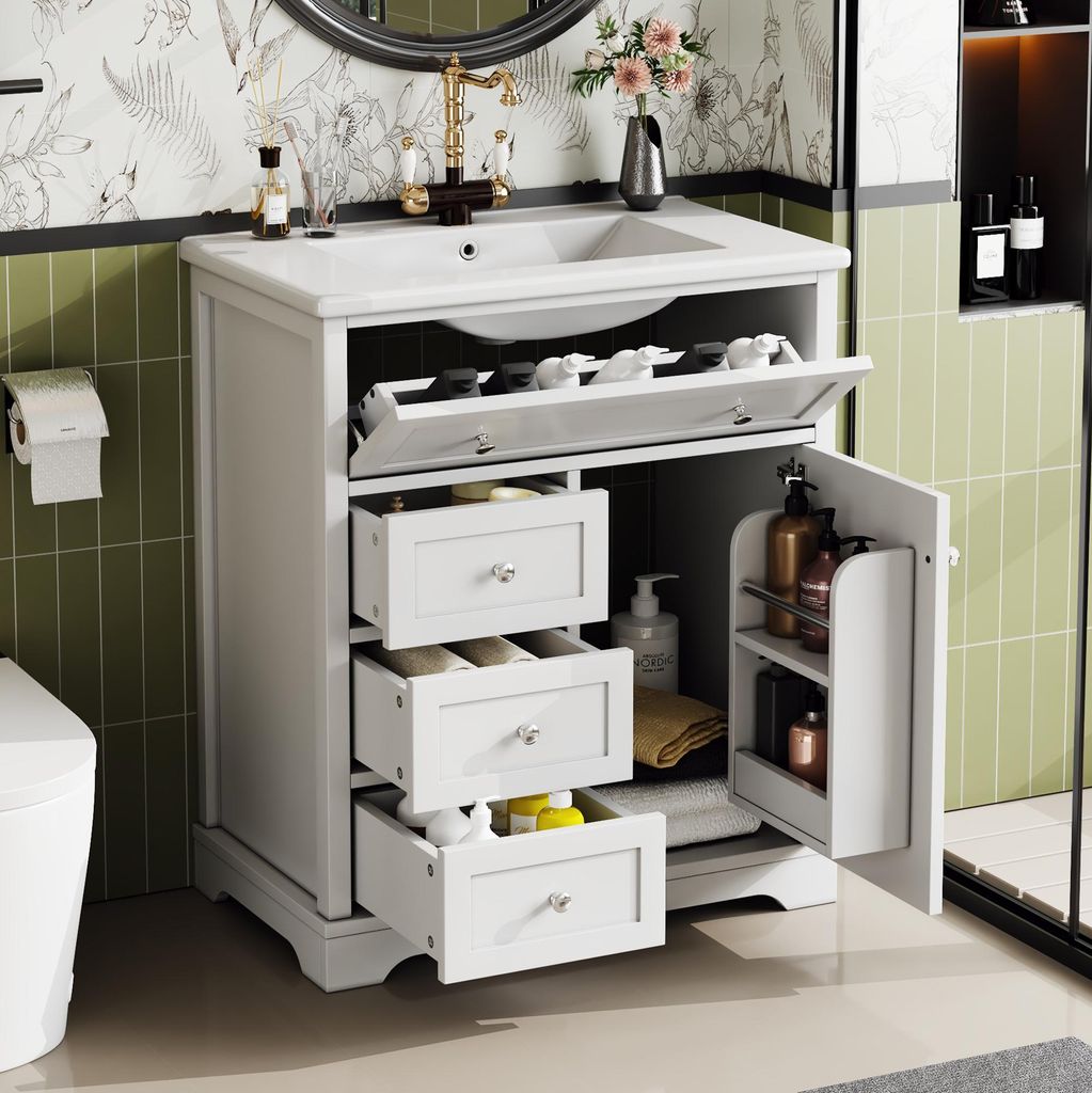 STILVORA Badmöbel-Sets mit Keramikwaschbecken&Unterschrank,Badezimmerschrank mit Leise Schublade&Klappschublade,Sideboard feuchtigkeitsbeständig,...