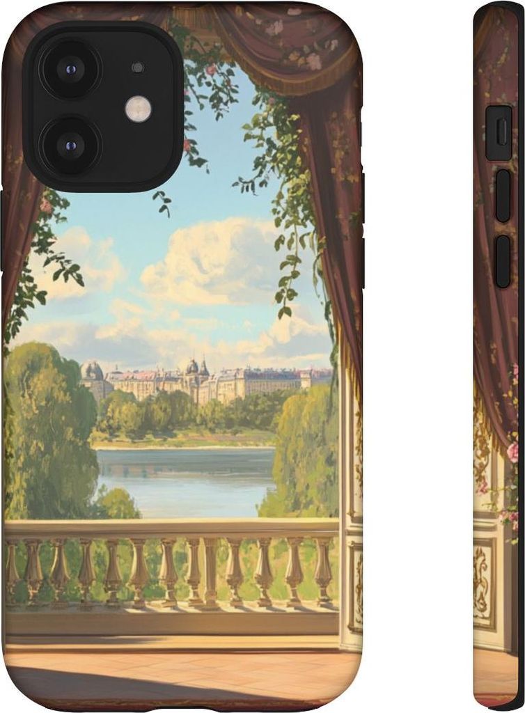 Eleganter Balkonblick mit floralen Vorhängen – Hülle Kompatibel mit iPhone 12