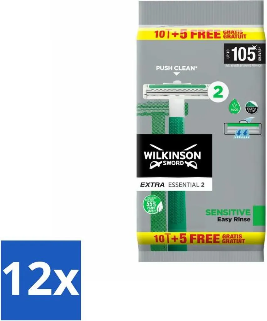 Wilkinson Sword Extra Essential 2 Sensitive | 12 Rasoi Bilama Aloe