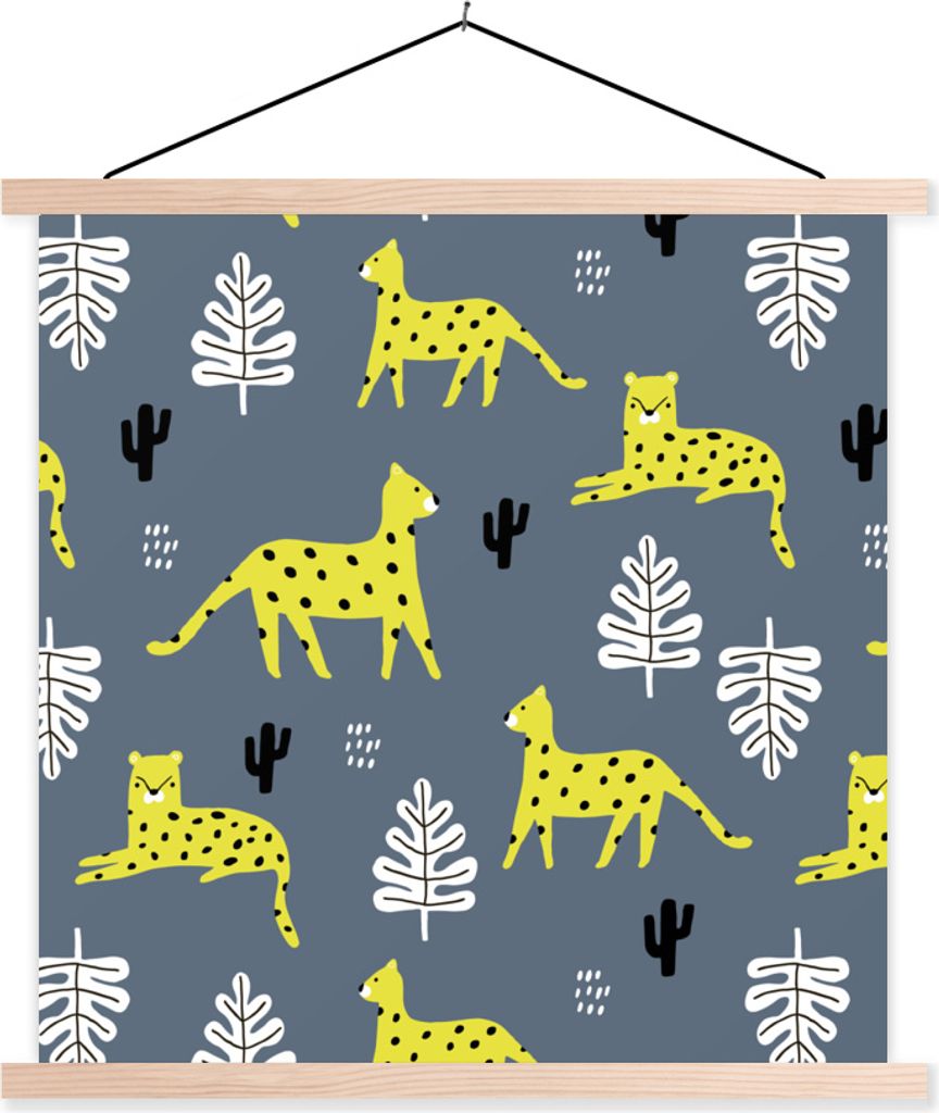 MuchoWow Textilposter Panther - Blätter - Kaktus - Muster 120x120 cm mit holzfarbenen Rahmen - Textil-Poster