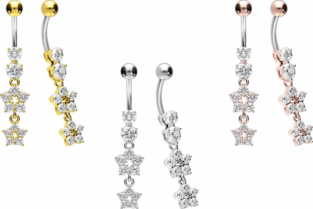 Bauchnabelpiercing Titan Bananabell mit 925er Silber-Design 2 KRISTALLBLUMEN