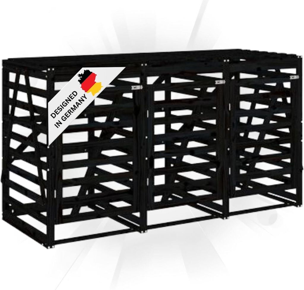DELUKE 3er Mülltonnenbox Kiefernholz BOUMI | 240x91,5x128,5cm Schwarz | Mülltonnenverkleidung für 3 Tonnen Müllbox aus Holz Mülltonnenschutz...
