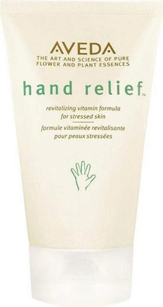 A close-up studio shot of an Aveda Hand Relief tube against a white background.
