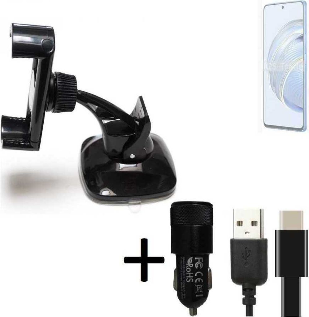 K-S-Trade Handy-Halterung kompatibel mit Huawei Nova 10 Youth Edition Windschutzscheibe / Armaturenbrett + LADEGERÄT mit Mico USB Kabel Autohalterung