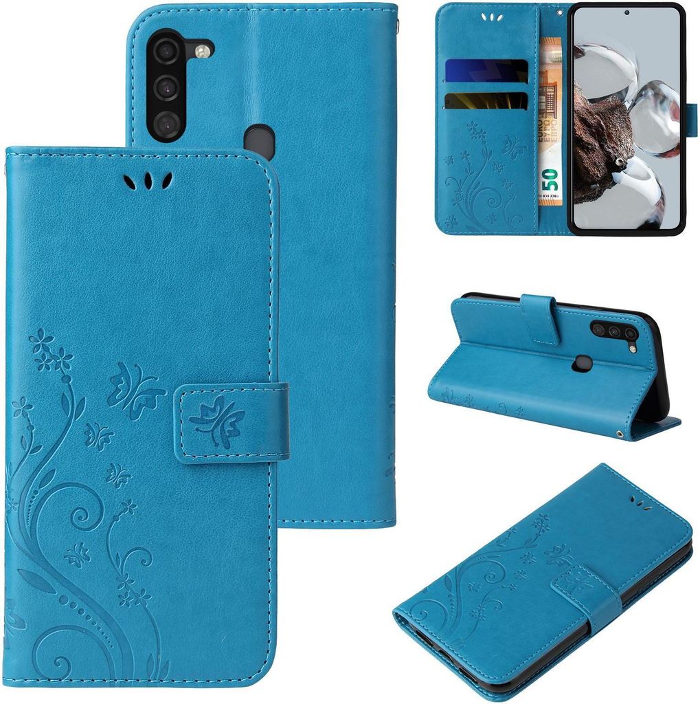 Handyhülle für Samsung Galaxy A11 Floral Blumen Schmetterling Flip Cover Hülle Case Klapphülle Handytasche Farbe: Blau