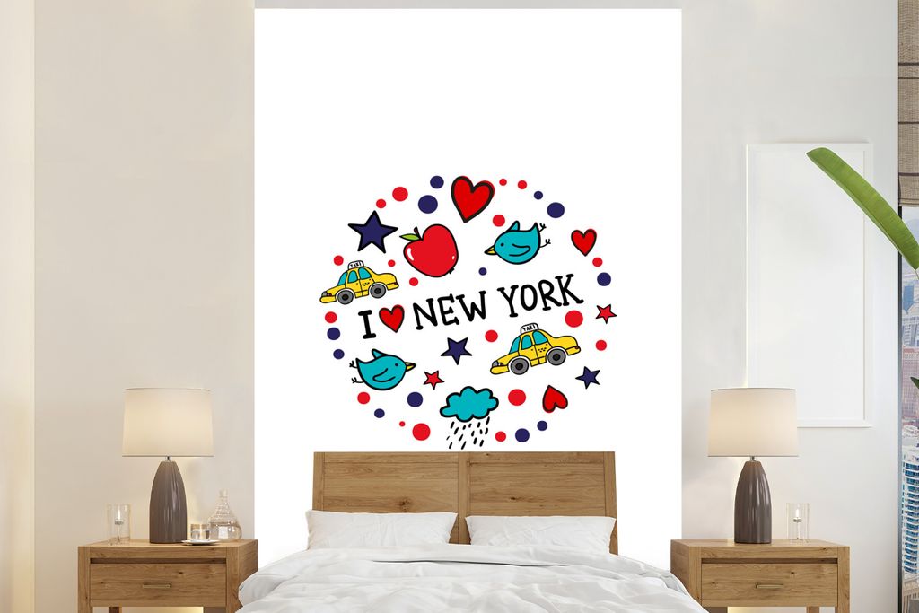 MuchoWow Fototapete für Wohnzimmer oder Schlafzimmer Wandtapete Vinyl Motivtapete New York - Zeichnung - Vogel - 155x240 cm - Tapete