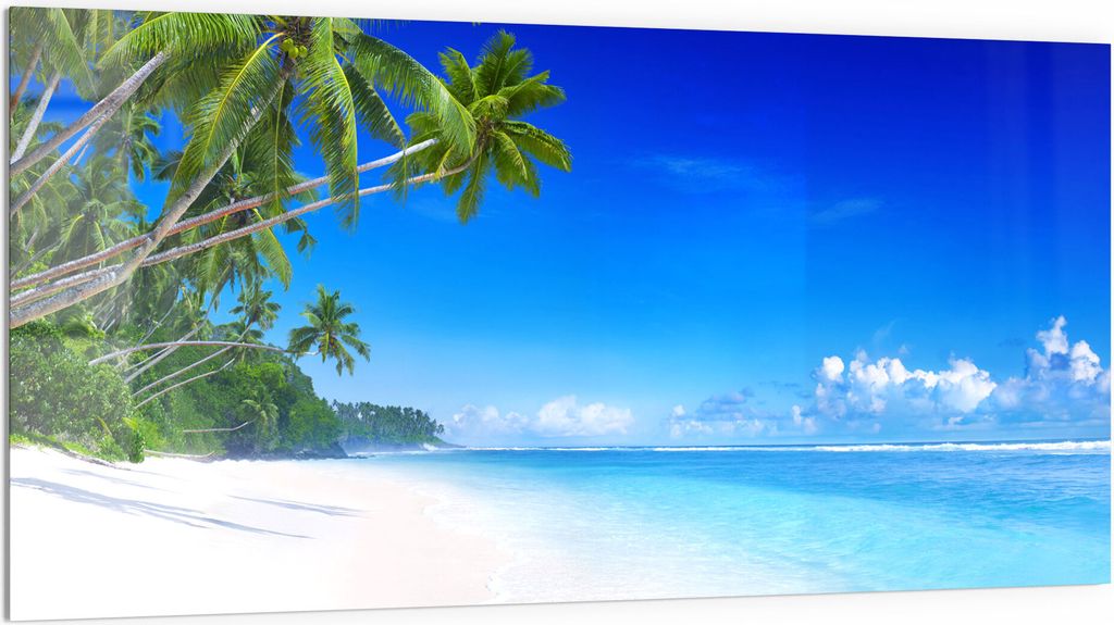 DEQORI Küchenrückwand Glas 100x50 cm 'Palmen am Sandstrand' Spritzschutz Bad Rückwand